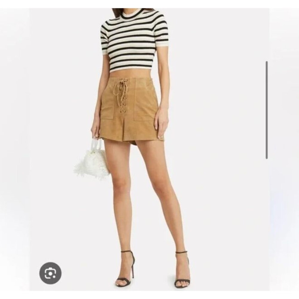 Fifth & Mode Wyatt Goat Suede Shorts 0 Tan Lace Up Intermix Lace-Up Pockets